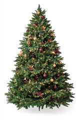 A full-sized Christmas tree decorated for the holidays, isolated on a white background.