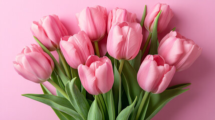 Fototapeta premium Bouquet of pink tulips on a pink background, top view