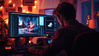 Person editing photo on computer in dark room.