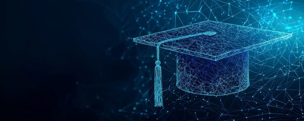 Digital wireframe illustration of a graduation cap representing advancement in education and technology