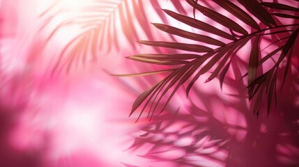 Blurred shade with palm leaves shadow on pink background Summer sunlight abstract backdrop