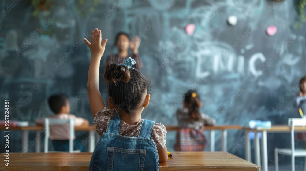 Poster A child raises their hand to participate in class while sitting at a desk with other students in the background during a learning activity