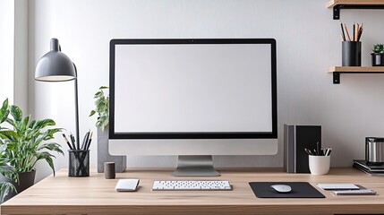 Fototapeta premium A clean and stylish workstation featuring a large monitor, keyboard, and neatly arranged office supplies in a modern office
