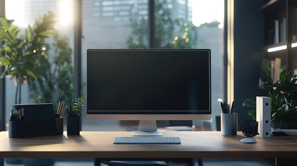 A clean and stylish workstation featuring a large monitor, keyboard, and neatly arranged office supplies in a modern office