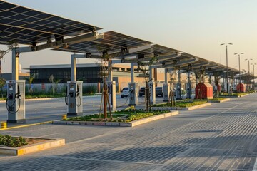 Modern Transportation Hub with Solar Panel Electric Vehicle Charging Stations for Eco-Friendly Commutes
