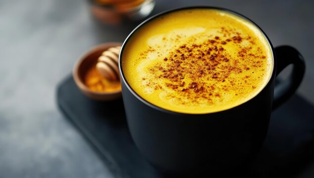 Golden turmeric latte in black mug.