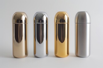 Luxurious and classy gold and silver thermos bottle on a white background. Drinking container