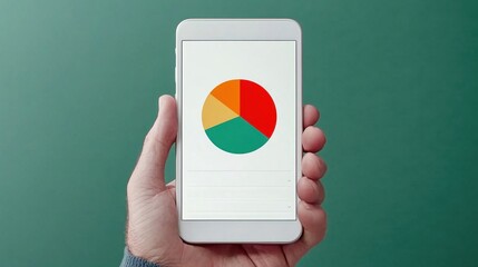 A hand holding a smartphone displaying a colorful pie chart on a green background, symbolizing data analysis and mobile technology.