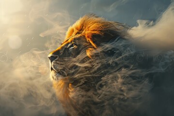 Majestic Lion King with Flowing Mane in Creative Double Exposure Style