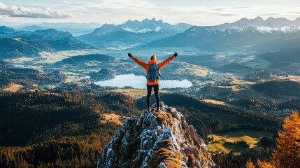 A breathtaking view from the mountain top, overlooking vast valleys, forests, and lakes. A single tourist stands at the peak with arms raised in triumph, wearing trekking gear and a backpack.