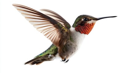 A ruby-throated hummingbird in flight, isolated on a white background.