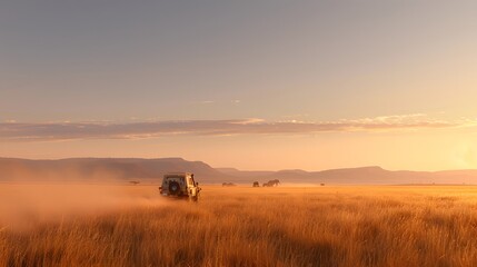 Obraz premium safari 4X4 car driving through the beautiful landscape during sunset