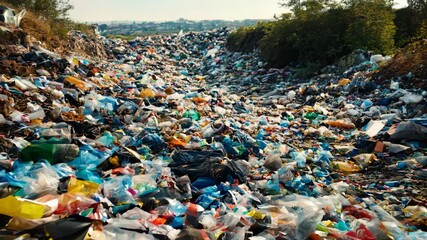 Landfill with scattered trash and plastic waste. Environmental pollution and natural damage concept. Waste management, recycling. Global environmental issue of waste disposal - Powered by Adobe