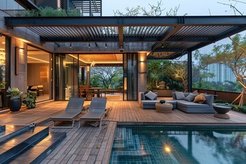 Fototapeta premium Interior design of a lavish side outside garden at morning, with a teak hardwood deck and a black pergola. Scene in the evening with couches and lounge chairs by the pool