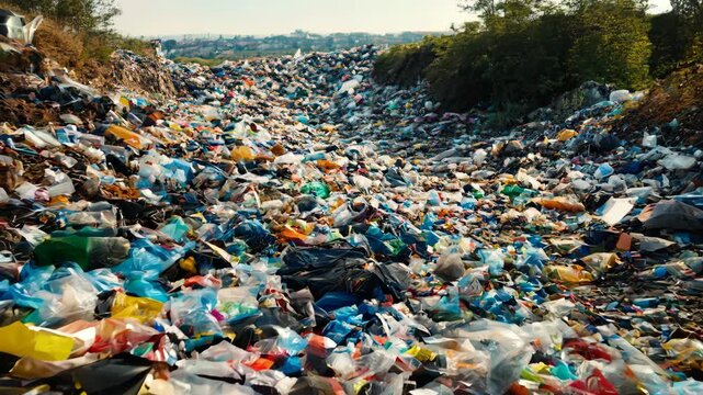 Landfill with scattered trash and plastic waste. Environmental pollution and natural damage concept. Waste management, recycling. Global environmental issue of waste disposal - Powered by Adobe