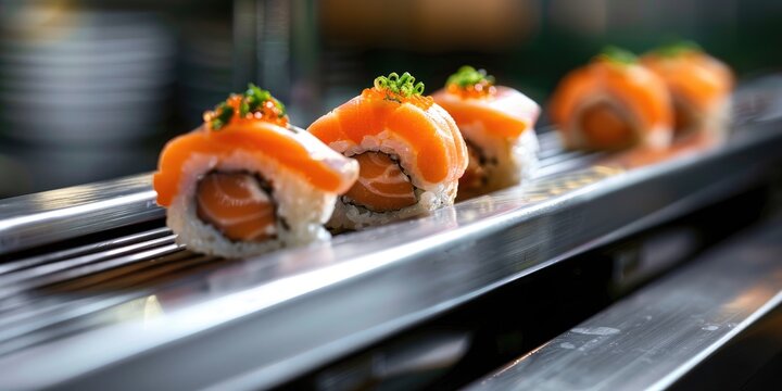 Close up of a conveyor belt sushi roller with a plate containing three pieces of salmon sushi at a Kaiten zushi restaurant