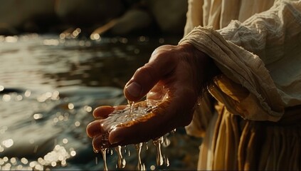 Jesus' Hand Holding Pure Water with Drops Flowing from Fingers.