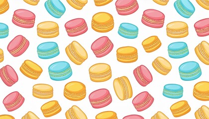 Macarons cake seamless repeating pattern, high contrasty. White background