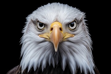 Obraz premium Intense close-up portrait of a bald eagle, highlighting wildlife protection, sharp focus on the piercing eyes, detailed feathers, powerful beak, black background, selective focus