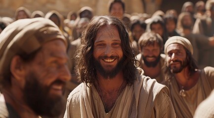 Obraz premium Jesus Smiling Surrounded by His Disciples in Biblical Cinematic Style