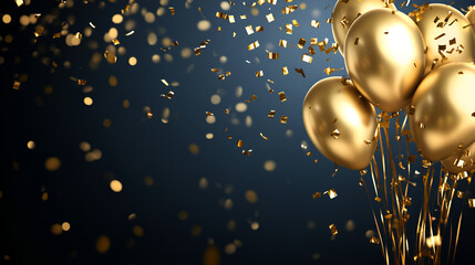 Party confetti Balloons Graphic Gold balloon birthday background vector banner ballon orange happy A shiny gold balloon floating solo on an isolated black background, Generative AI


