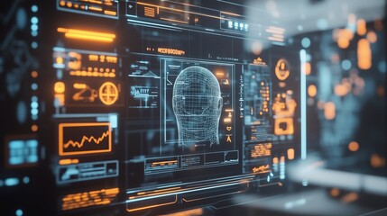 Naklejka premium Futuristic digital interface with a wireframe human head on a dark background.