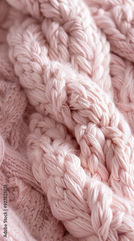 Poster The texture of an oversized knitted blanket showcases intricate braiding in soft light pink tones, perfect for adding warmth to any space
