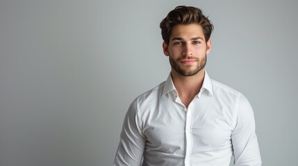 Obraz premium Fashionable adult male in a business shirt, showing elegance and happiness against a plain background