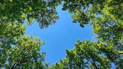 Fototapeta premium Beech forest canopy in springtime Natural frame, low angle view of trees against blue sky Clear blue sky and green trees seen from below Carb, Generative AI