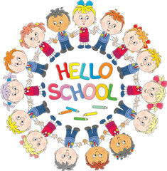 Hello school card with happy little schoolchildren holding hands, vector cartoon illustration isolated on a white background