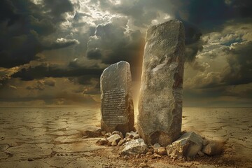 Two Stone Tablets of the Ten Commandments in a Desert Scene.