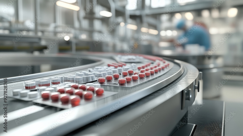Poster the automated assembly line processes red capsules efficiently while workers monitor operations in a