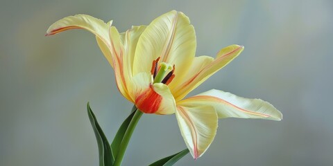 Fototapeta premium A solitary Tulip bloom unfurls to display rich stamen A single petal on the opposite side showcases a crimson stripe Soft focused green Tulip foliage envelops the flower The quintessential