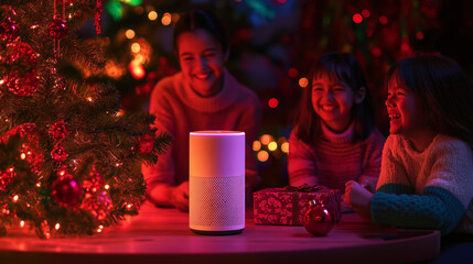 Family enjoying Christmas music and holiday lights with a smart speaker