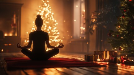 Practicing yoga by a beautifully lit Christmas tree in a cozy setting
