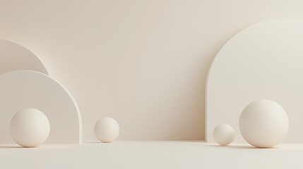 Minimalist white space, floating shapes and shadows, 3D illustration