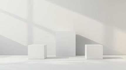 Minimalist white space, floating shapes and shadows, 3D illustration