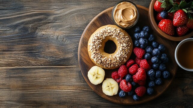 A cozy breakfast scene with a peanut butter and honey bagel, toasted to perfection and served with a side of fresh fruit, set on a rustic wooden table