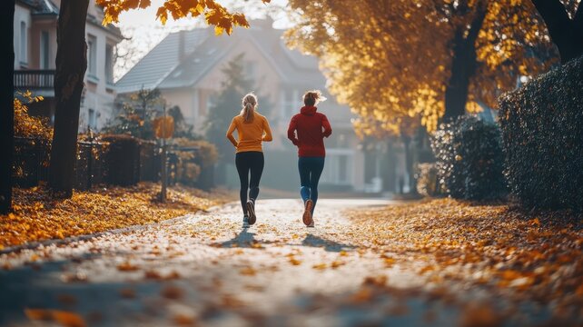 Straight-on cinematic view of jogging couple in vibrant fall outfits on a suburban street, dramatic backlighting and autumn-themed houses enhancing. Athletic couple jogging during autumn