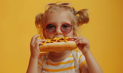 Little girl with orange sunglasses, enjoying a big hotdog against a matching background. Free copy space for text.