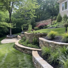 Landscaped backyard with stone retaining walls and a variety of plants. 