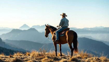 A cowboy rides a horse through a rural area, framed by a scenic view of mountain layers.






