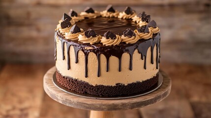 A gourmet peanut butter and chocolate layer cake, with thick peanut butter frosting between the layers and a smooth chocolate ganache on top, set on a rustic cake stand