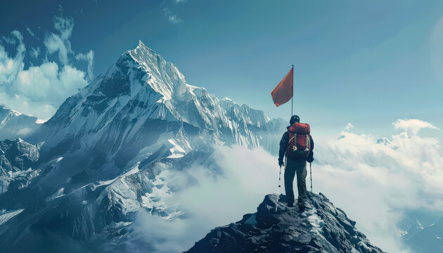 A man standing on a mountain with a flag in his hand. The flag is red and white. The man is looking up at the sun. The scene is peaceful and serene