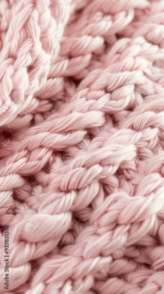 Poster detailed texture of oversized knitted fabric in a warm pink color, emphasizing its softness and craf