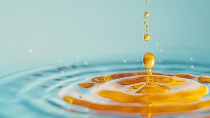 Macro closeup view of a drop of fruit juice dripping down in air