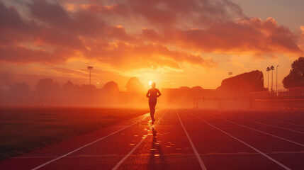 Fototapeta premium A runner sprinting on a track at sunrise, showcasing determination and athleticism