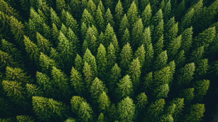 Aerial view of lush fir trees forming a dense forest.