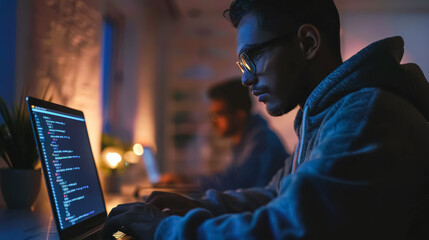 A man is typing on a laptop in a dimly lit room. He is wearing glasses and a hoodie