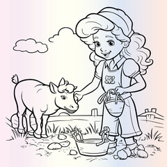 Farmer Girl Feeding Animals Coloring Page 